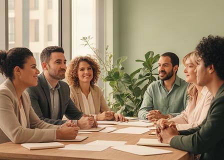 Team van Marloes's Management overlegt met notitieboeken in een moderne vergaderruimte