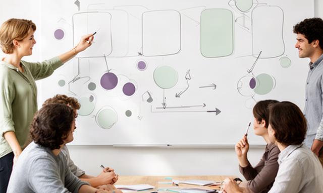 Adviseurs leggen een stappenplan uit tijdens een teamsessie met whiteboard