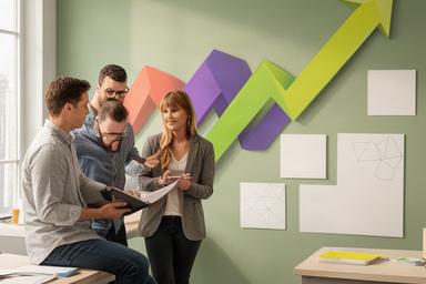 Ondernemers werken aan marktstrategie bij een wand met groeidiagrammen