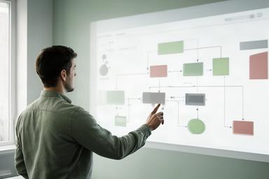 Operationspecialist analyseert processtappen op een groot scherm in een werkruimte